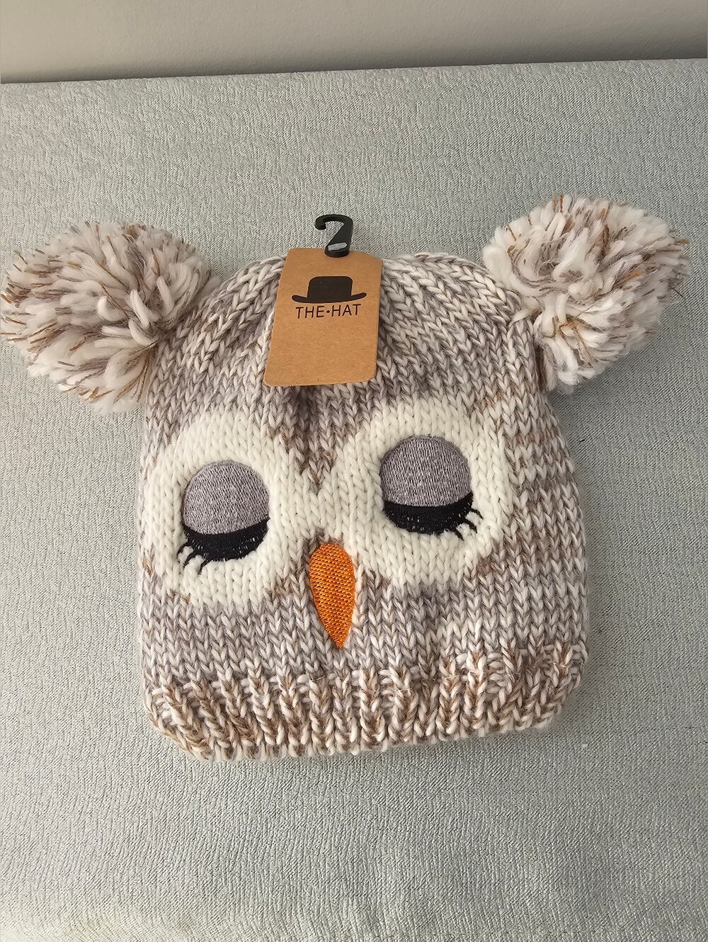 NWT THE HAT Kids Sleepy Owl Pom Pom Fleece Lined Winter Hat